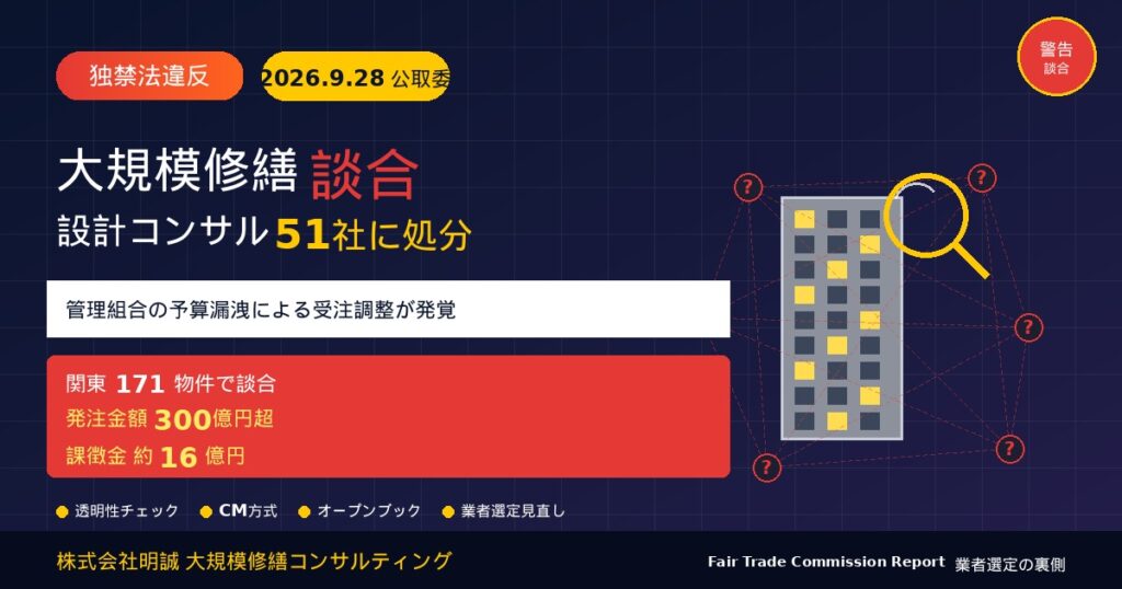 【2026年9月28日 独禁法違反】大規模修繕工事の談合で設計コンサル51社に排除措置命令｜関東171物件・発注額300億円超・課徴金16億円｜マンション管理組合が「業者選定の裏側」を見抜く7つの警告サイン