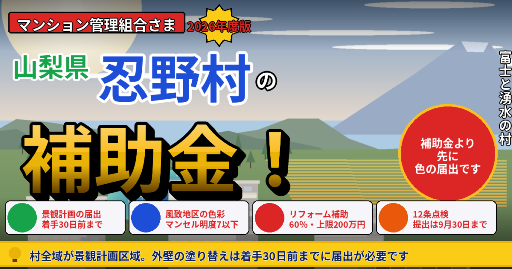 忍野村のマンション補助金と大規模修繕2026年度版｜山梨県南都留郡忍野村。富士北麓の湧水池と茅葺屋根の民家、朝日を受ける中層分譲マンション