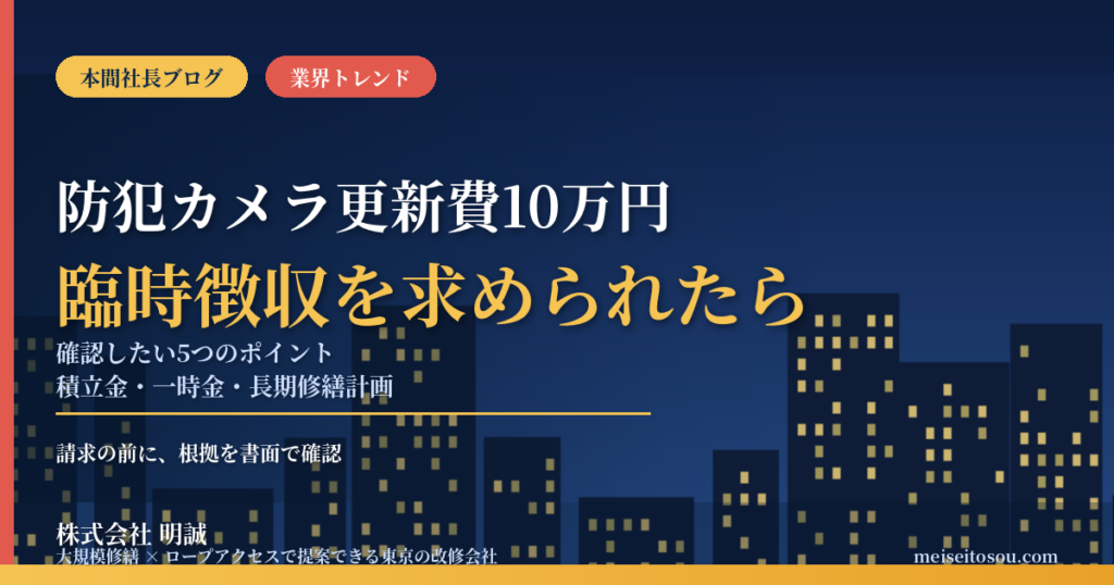 分譲マンションで防犯カメラ更新費10万円の臨時徴収｜管理費とは別に求められたら確認したい5点と、一時金に頼らない修繕資金の備え方【2026年10月】