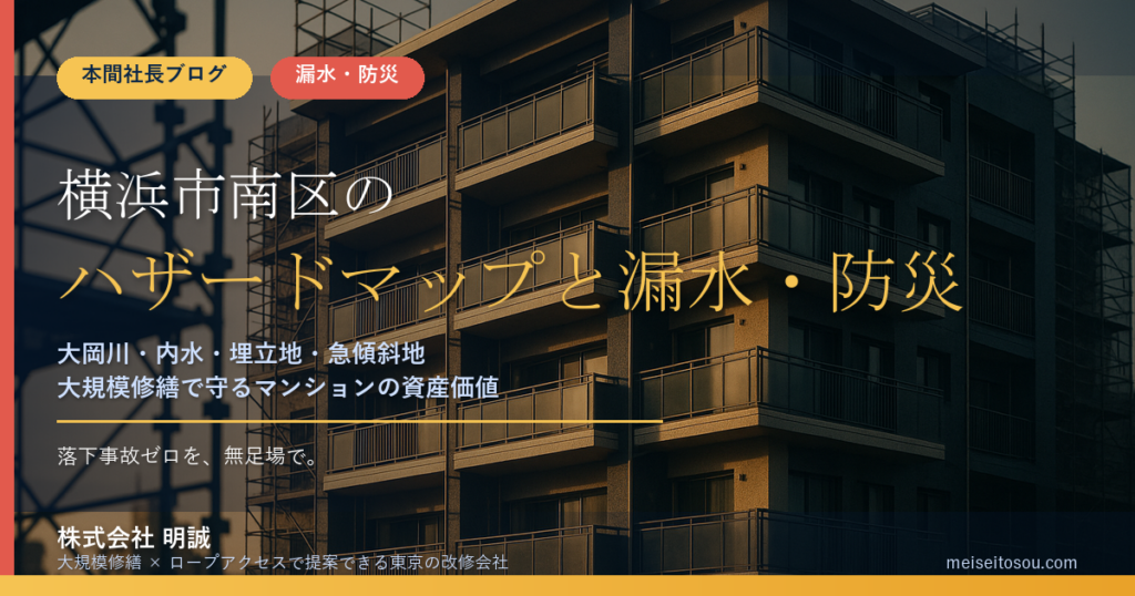 横浜市南区のマンション漏水・防災対策｜大岡川の低地・吉田新田の埋立地・急傾斜地の3視点と大規模修繕の優先順位【2026年度版】