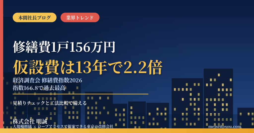 マンション修繕費が1戸156万円で過去最高、13年比1.67倍｜経済調査会「修繕費指数2026」で分かった“仮設費2.2倍”と、管理組合・オーナーが今できる備え【2026年10月】