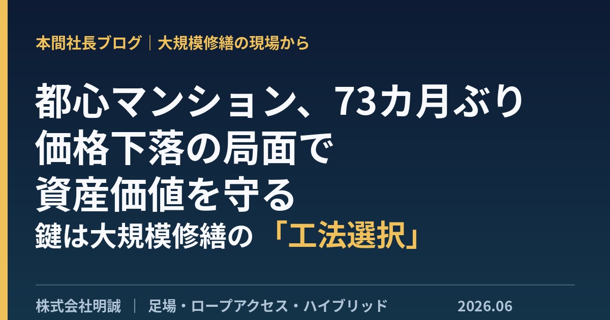 都心3区の中古マンションが73カ月ぶり下落——「価格調整」局面で収益物件オーナーが資産価値を守る最後の砦は、大規模修繕の“工法選択”にある【2026年6月】