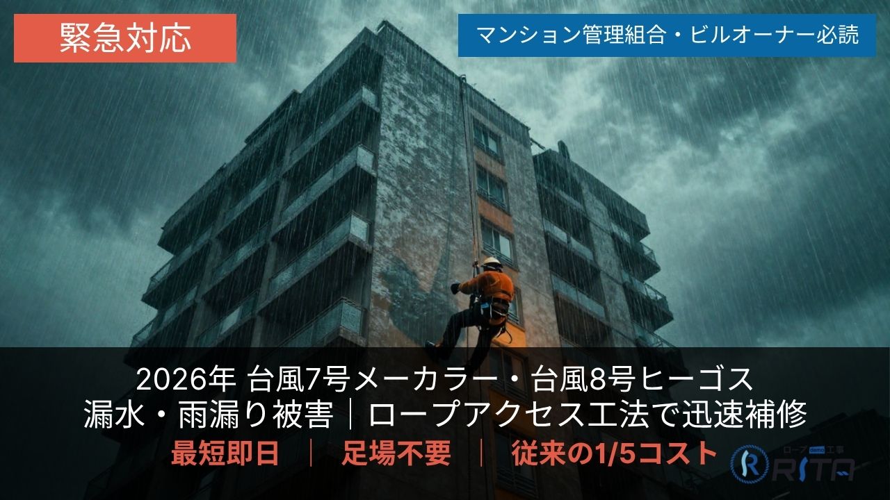 【緊急対応】2026年 台風7号メーカラー・台風8号ヒーゴスによる漏水・雨漏り被害｜ロープアクセス工法なら「最短即日」「足場不要」「従来の1/5コスト」で迅速補修｜マンション管理組合・ビルオーナー必読