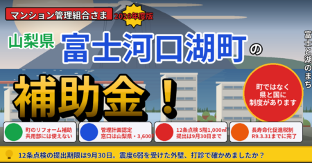 山梨県富士河口湖町のマンション補助金と12条点検を解説するアイキャッチ。富士山と河口湖の逆さ富士、河口湖大橋、湖畔の分譲マンション