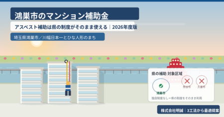 埼玉県鴻巣市の川幅日本一の広い川と橋、ひな段ピラミッド、モダンな分譲マンション3棟にロープアクセス工法で外壁を降下する作業員、県のアスベスト補助対象区域であることを示す地図アイコン